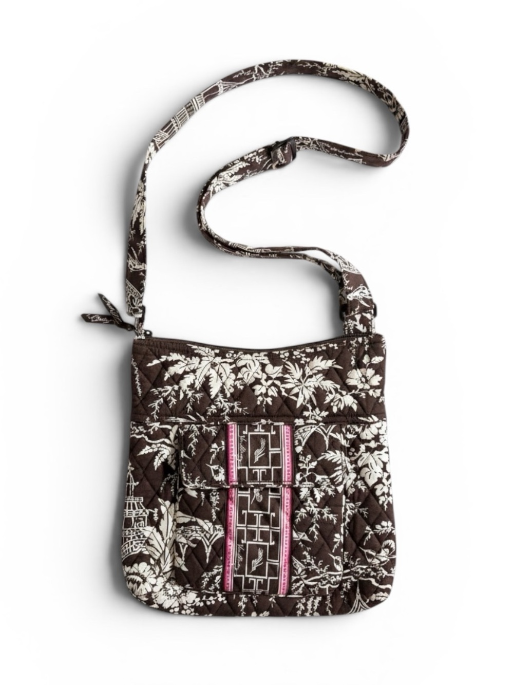 Vera Bradley Quilted Crossbody Bag Adjustable Shoulder Purse Brown Floral Print
